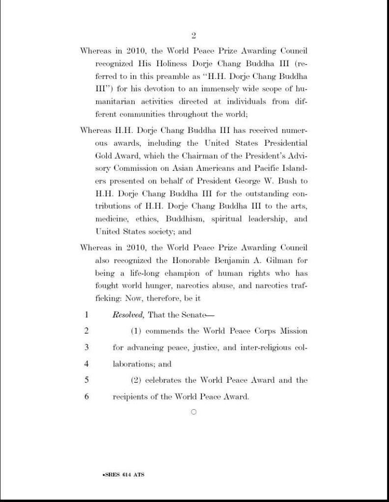 美參院通過614號提案決議通過表揚 第三世多杰羌佛 獲頒世界和平奬