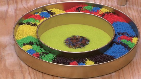 （圖二）由五色米所堆成的曼達拉，中間是當場丟進去的多色砂表多種本尊，多色砂邊緣是淺綠色砂，周圍是五彩砂